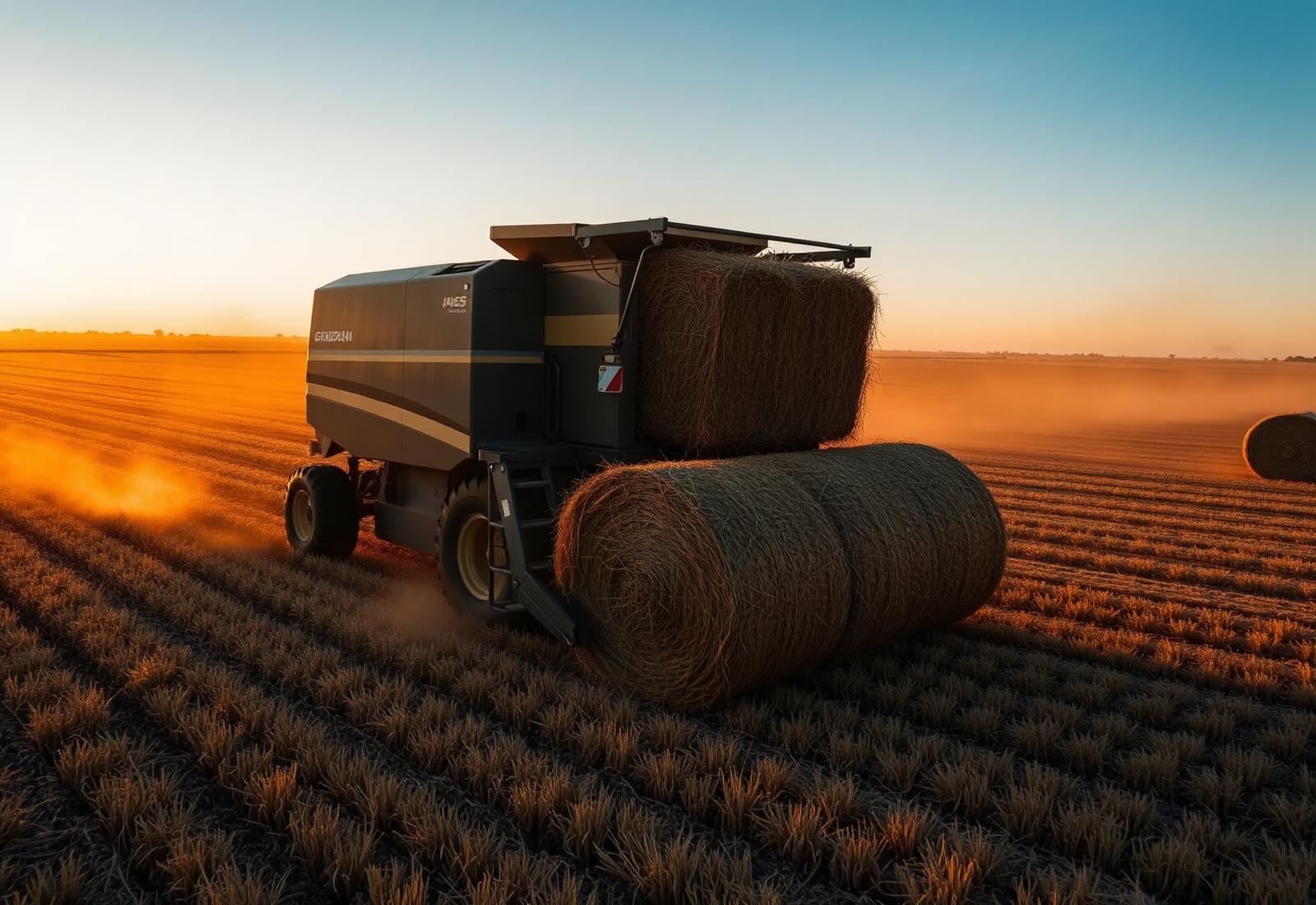 Hay baler working at sunset on an Australian paddock